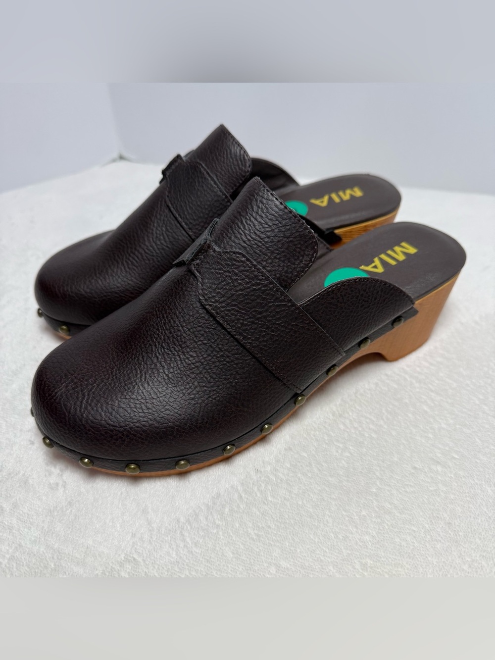 MIA Dark Brown Leather Studded Clog Mules